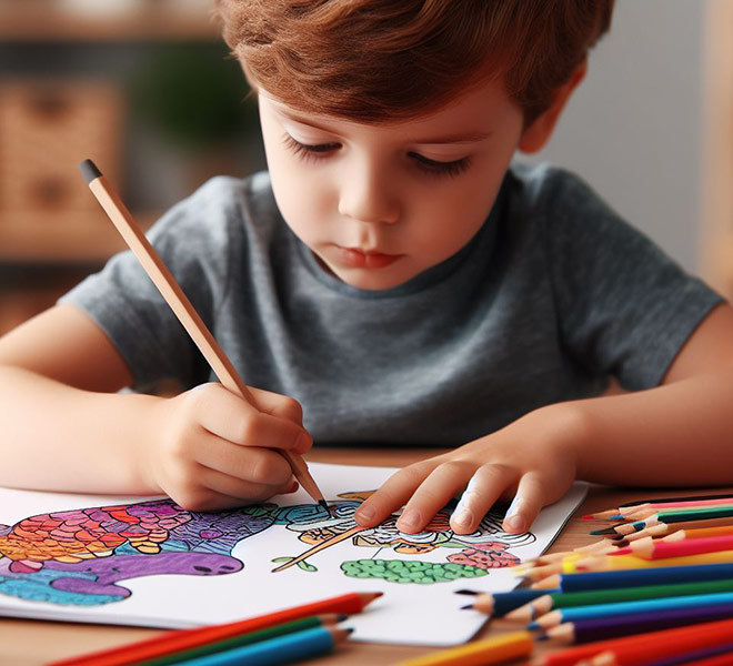 Мальчик рисует в раскраске