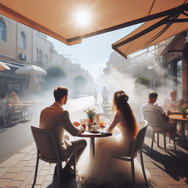 пример применения систем туманообразования высокого давления в уличном кафе