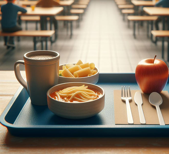 набор еды в школьной столовой на подносе